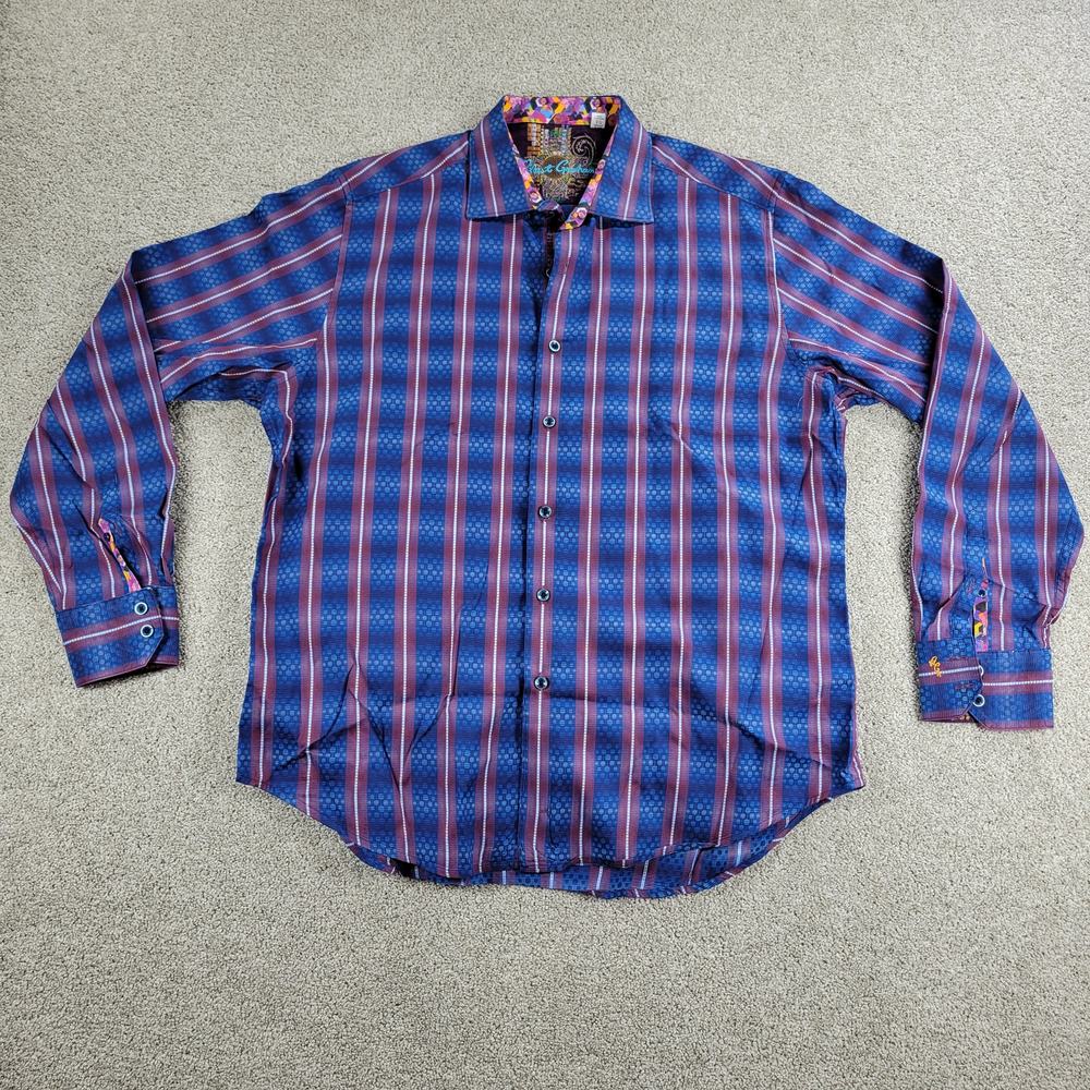 Robert Graham Shirt Mens XL Classic Fit Blue Red Embroidery Stripes Purple Cuffs
